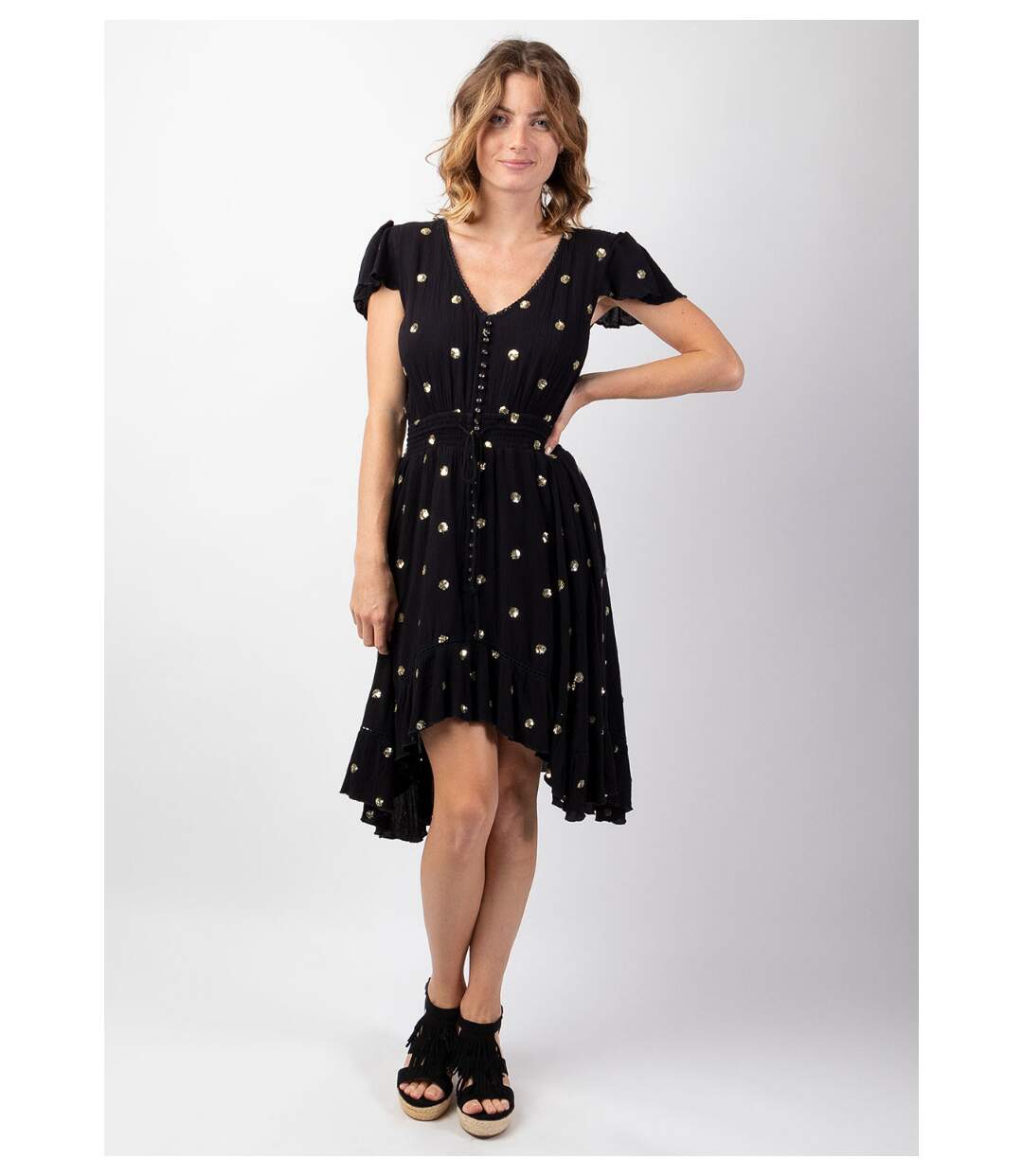 Robe courte à sequins INDIA noire Coton Du Monde