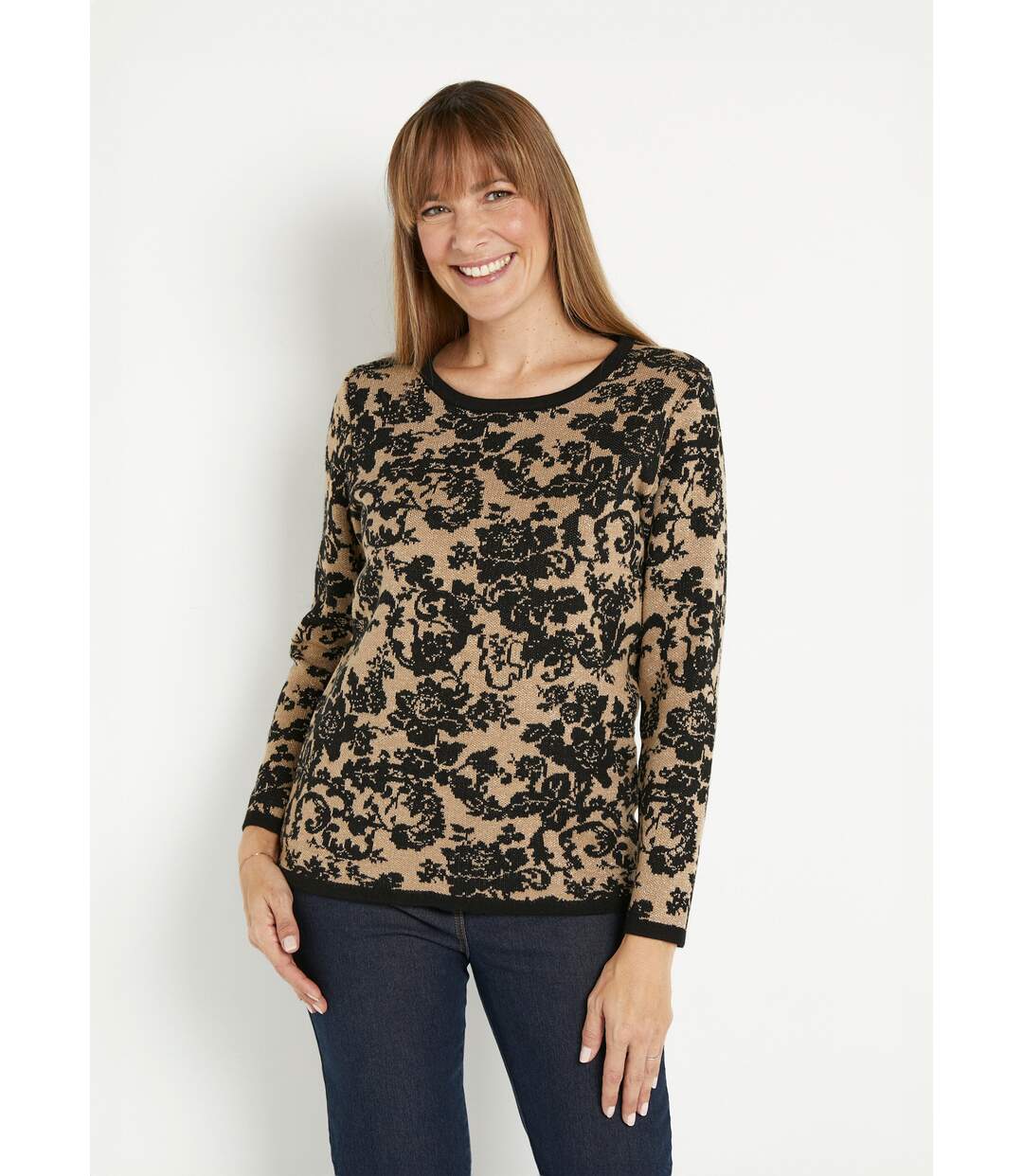 Pull chaud jacquard fleuri brillant col rond-1