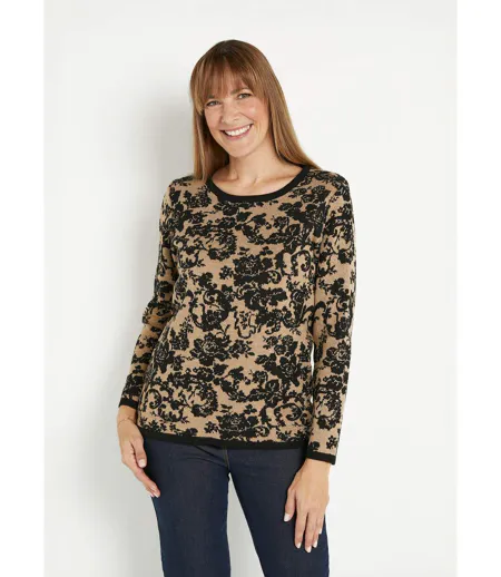 Pull chaud jacquard fleuri brillant col rond