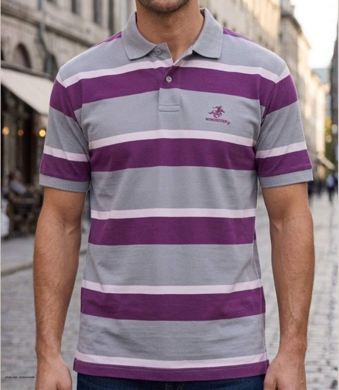 Polo homme WINCHESTER ROBIN1G en coton piqué gris : le charme intemporel des rayures-1