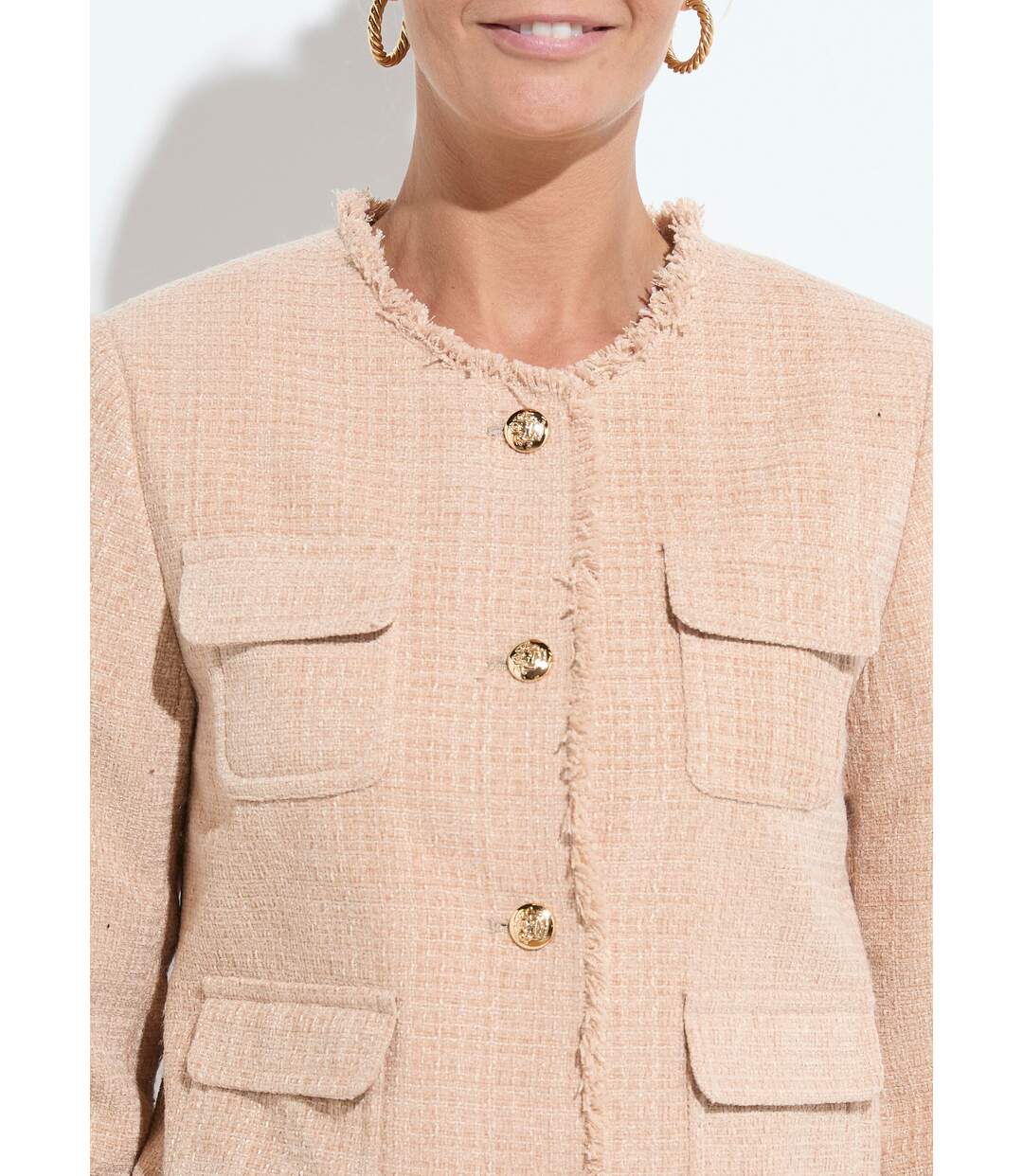 Veste tweed boutonnée frangée sans col-4