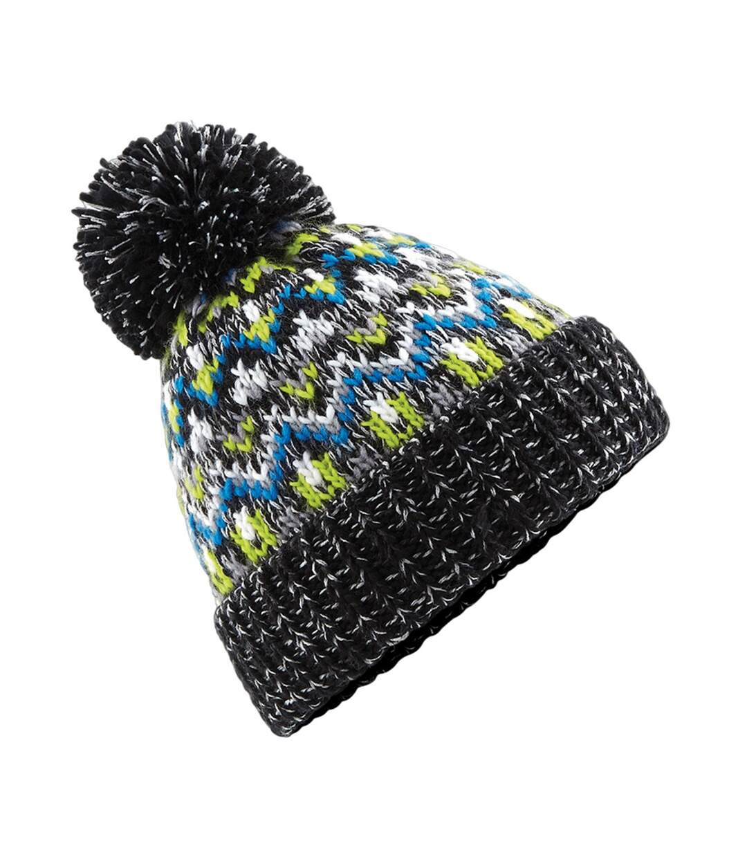 Unisex adult blizzard geometric bobble beanie liquorice zing Beechfield-1