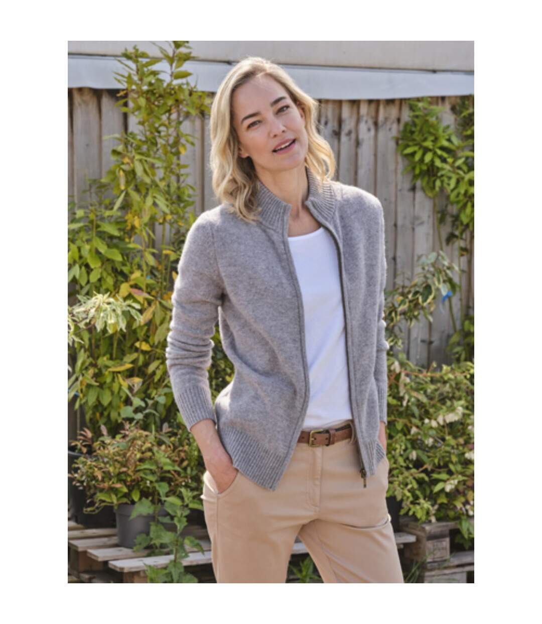 Womens/ladies Lambswool Zipped Fitted Cardigan Grey Marl WoolOvers-1