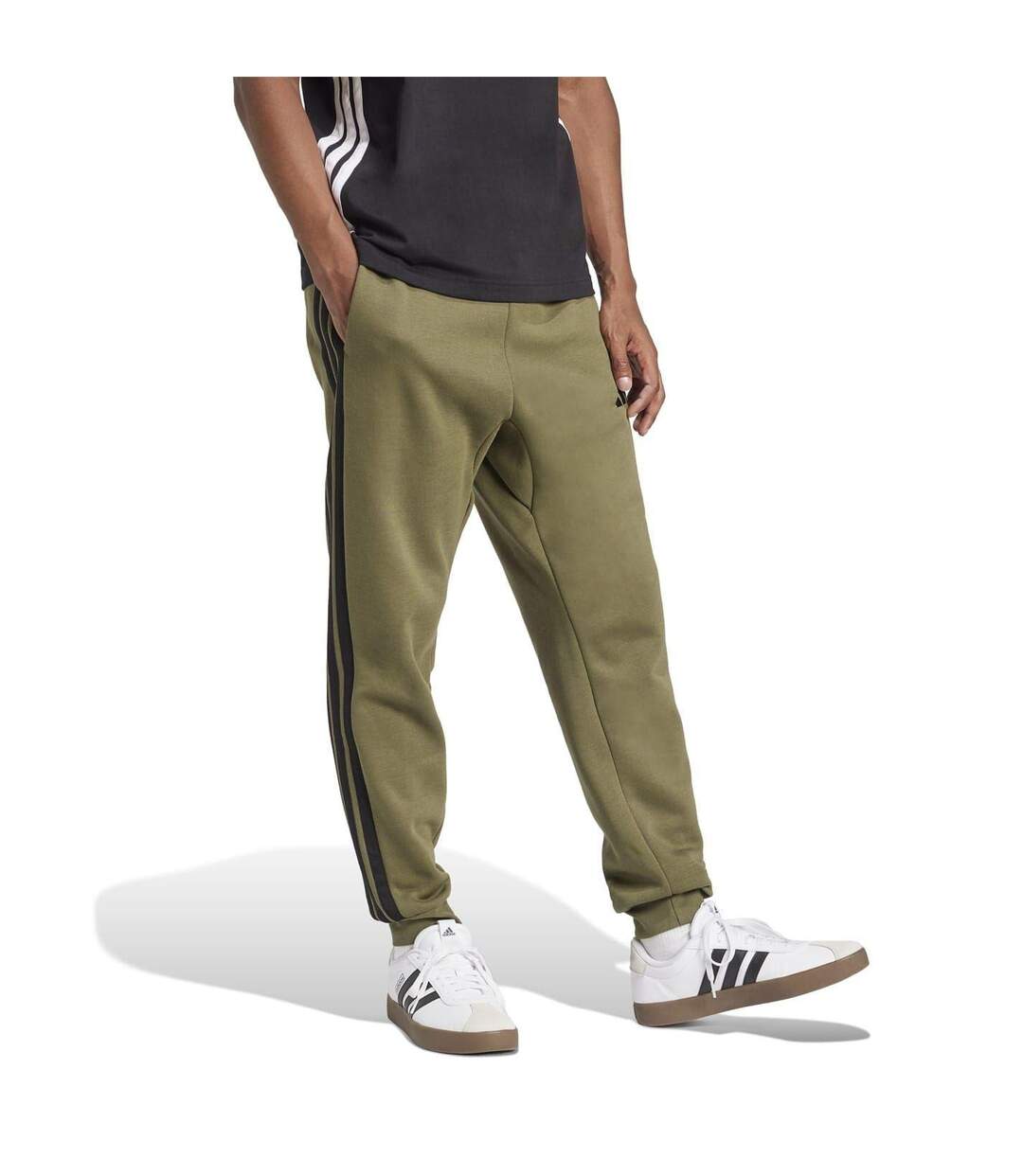 Mens Essentials Fleece 3 Stripes Tapered Leg Jogging Bottoms Olive Strata Adidas-4