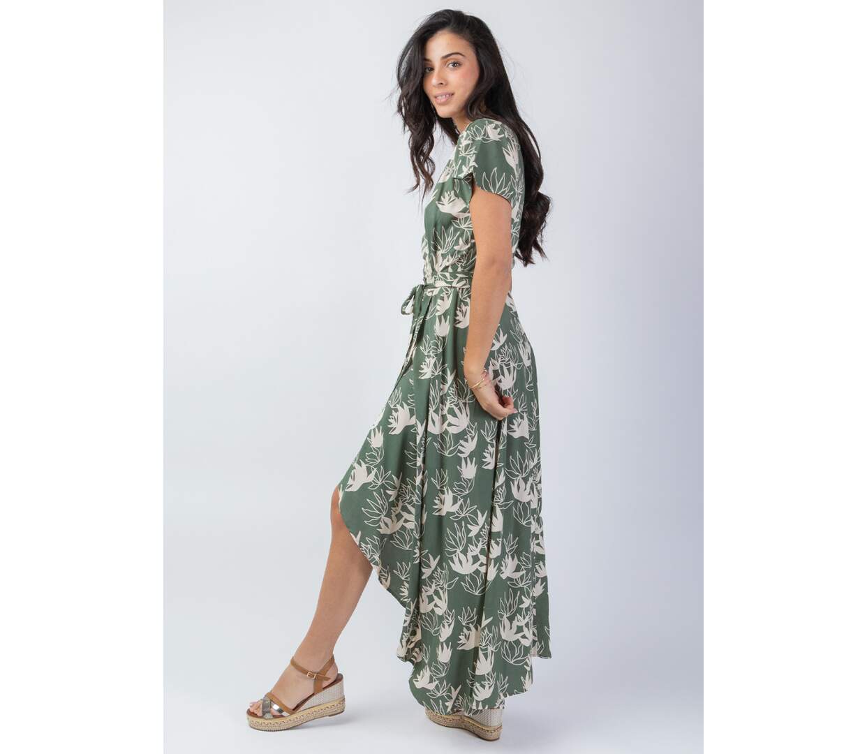 Robe longue kaki SAKURA motif fleur de lotus Coton Du Monde-3