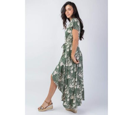 Robe longue kaki SAKURA motif fleur de lotus Coton Du Monde