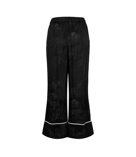 Womens/ladies Floral Pattern Wide Leg Pyjama Bottoms Black Off White