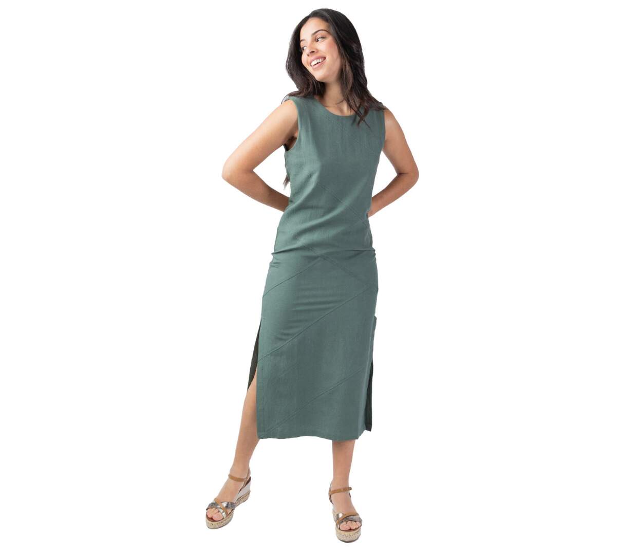 Robe longue encolure ronde CHARLINE unie kaki Coton Du Monde-1
