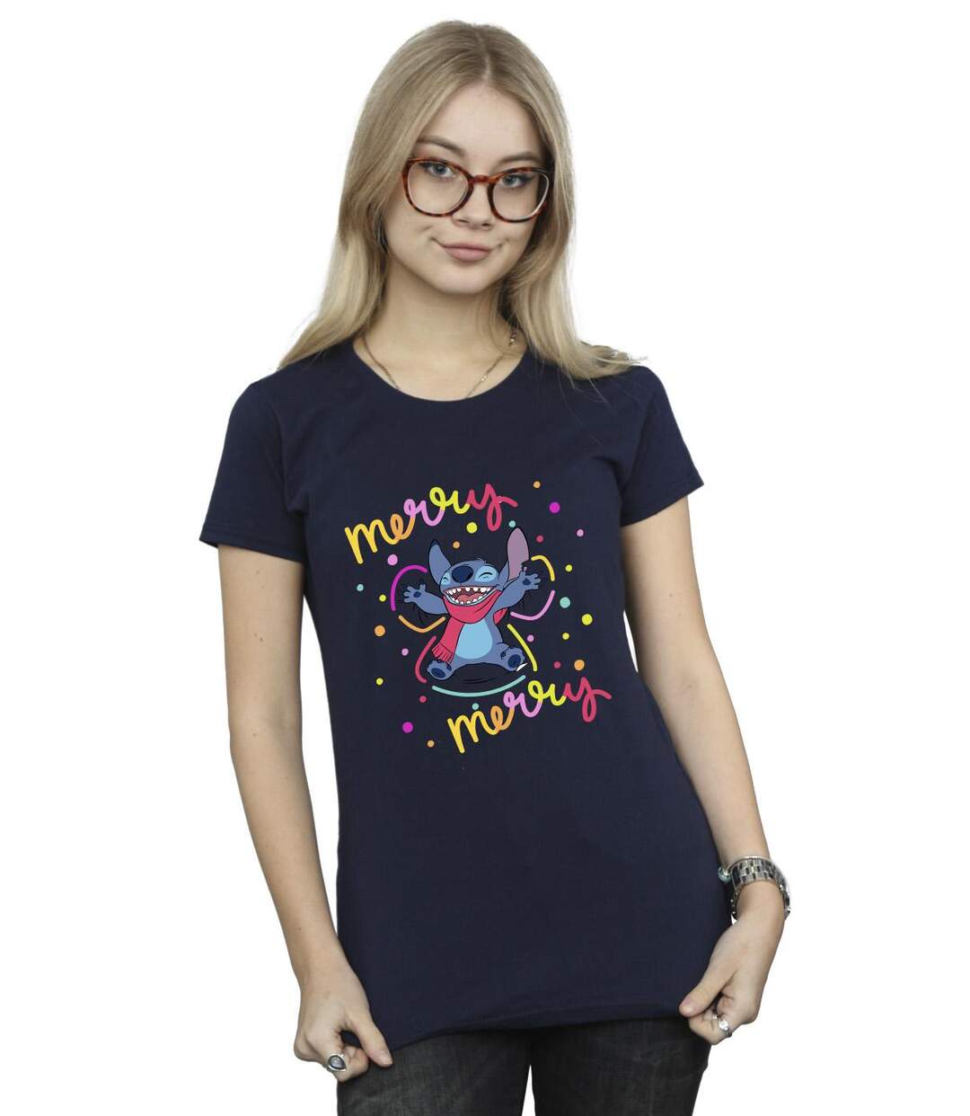 Disney T-shirt en coton Lilo & Stitch Joyeux arc-en-ciel Femme/Femme (Bleu marine) - UTBI26086-2