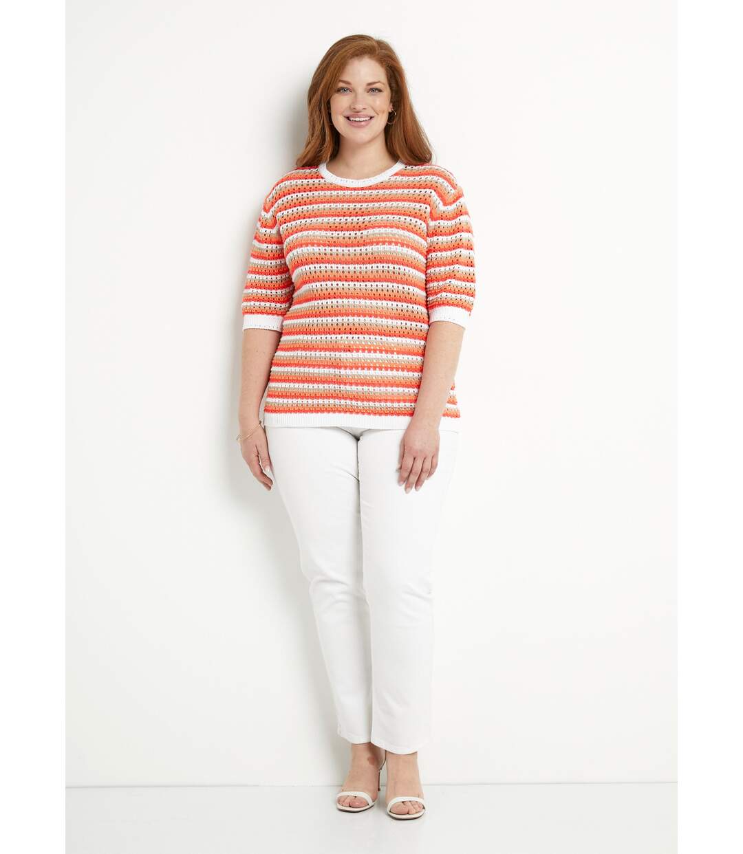 Pull doux rayé ajouré court manches courtes-3