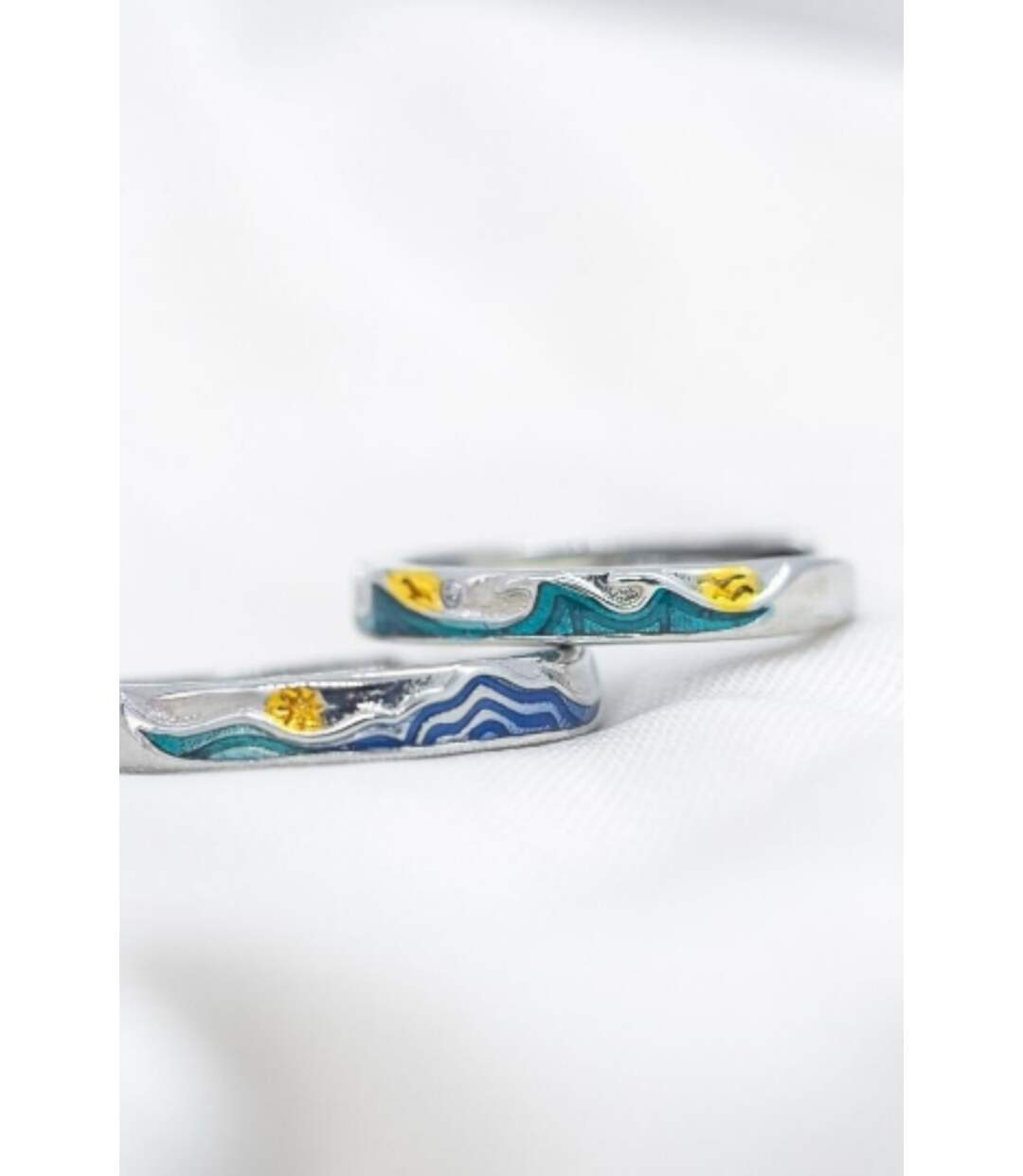 Adjustable Silver Sea Wave Enamel Couple Promise Ring Set