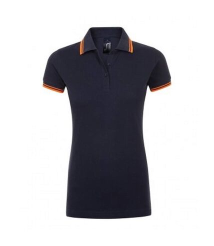 SOLS Womens/Ladies Pasadena Tipped Short Sleeve Pique Polo Shirt (French Navy/Neon Orange)