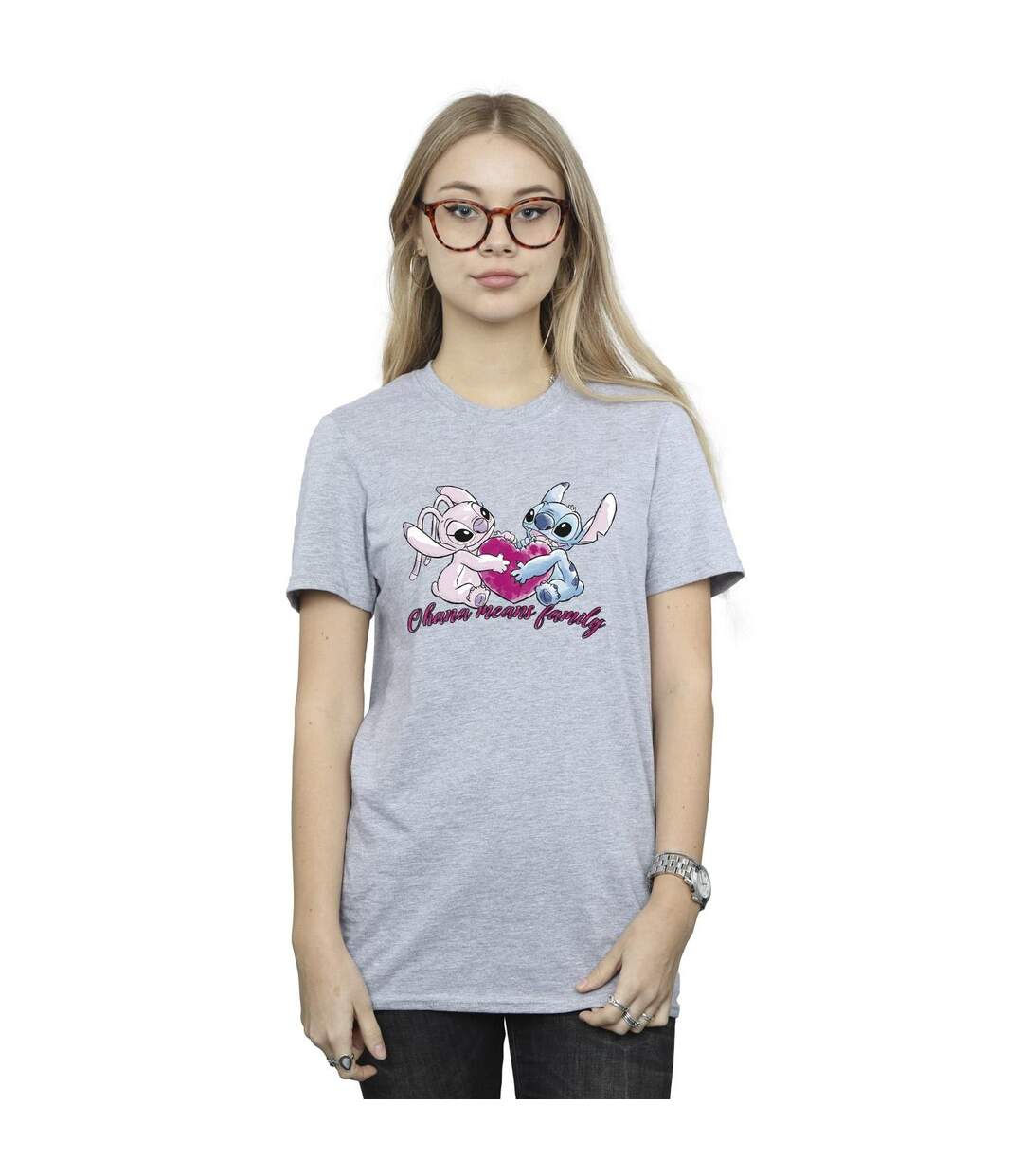 Disney Womens/Ladies Lilo And Stitch Ohana Heart With Angel Cotton Boyfriend T-Shirt (Gris sportif) - UTBI30240-2