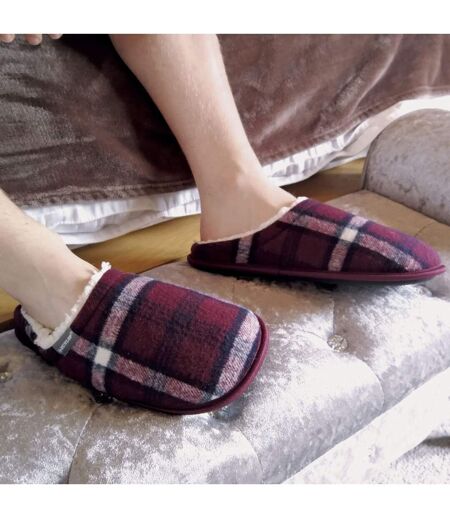 Mens Plush Fleece Lined Slip On Mule Checked Plaid Slippers