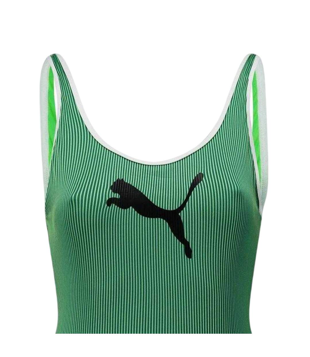Womens/ladies Striped Ribbed One Piece Swimsuit Green Puma-2