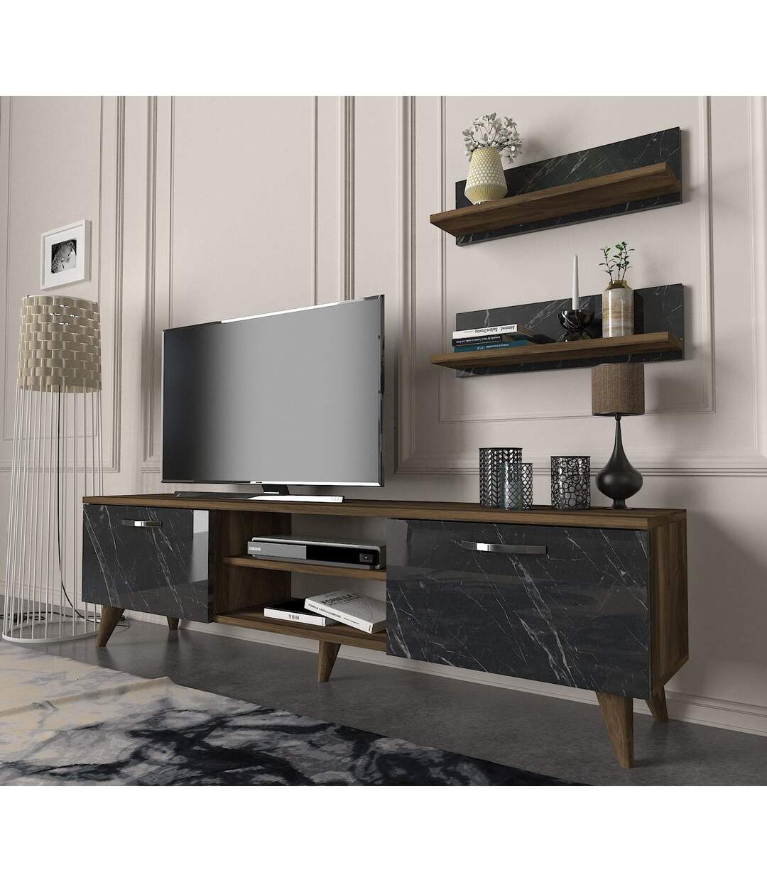 Meuble TV design marbré Ayden - L. 150 x H. 40 cm - Marron noix-3