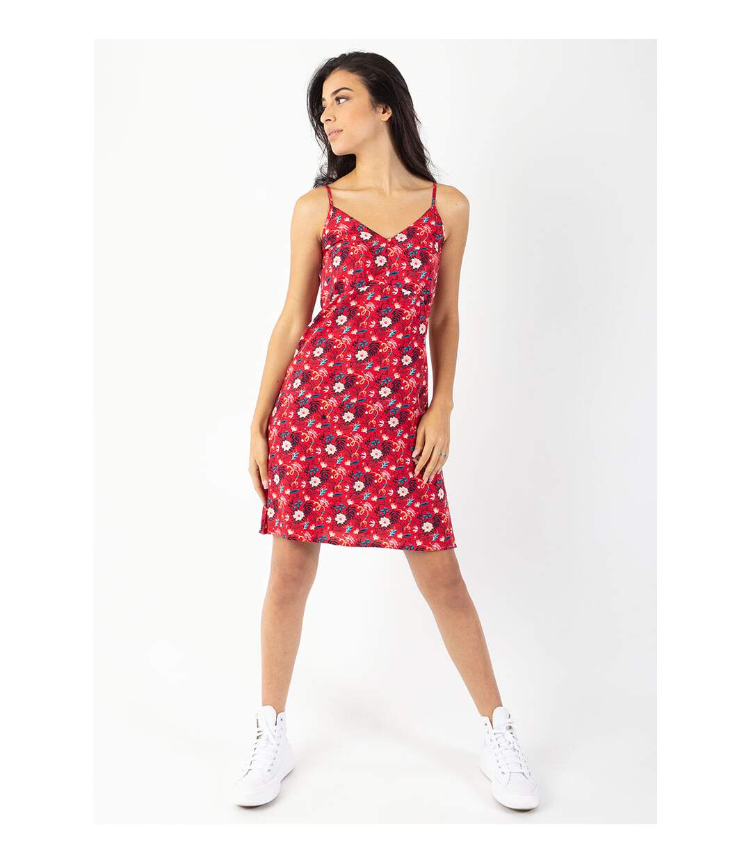 Robe courte fines bretelles BEA rouge fleurie Coton Du Monde-2