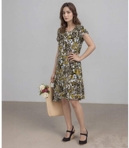 Robe femme manches courtes, imprimée kaki, longueur genoux - Original et féminine
