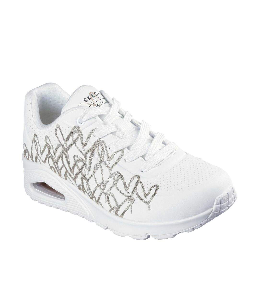 Womens/ladies Goldcrown Glitter Heart Trainers White Gold Skechers-1
