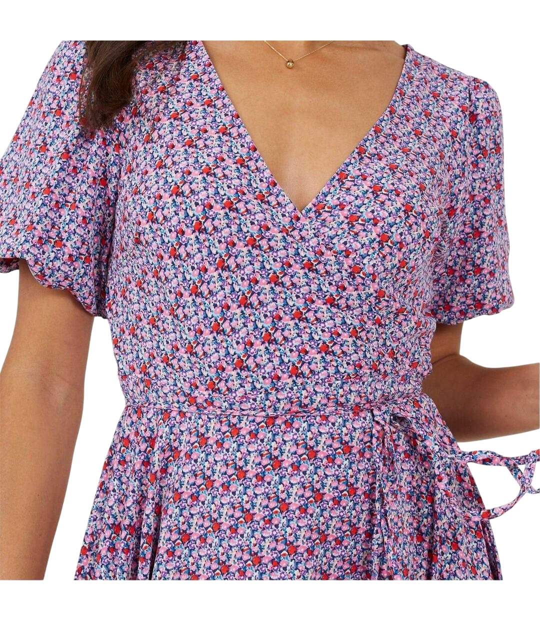Womens/ladies Floral Pattern Puff Sleeve Wrap Dress Pink Brave Soul-2