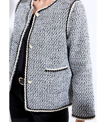 Veste courte sans col tissu effet tweed