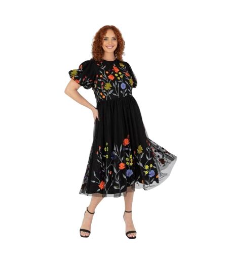 Robe Mi-longue Manches Bouffantes Motif/style Floral Femme Noir Maya Deluxe