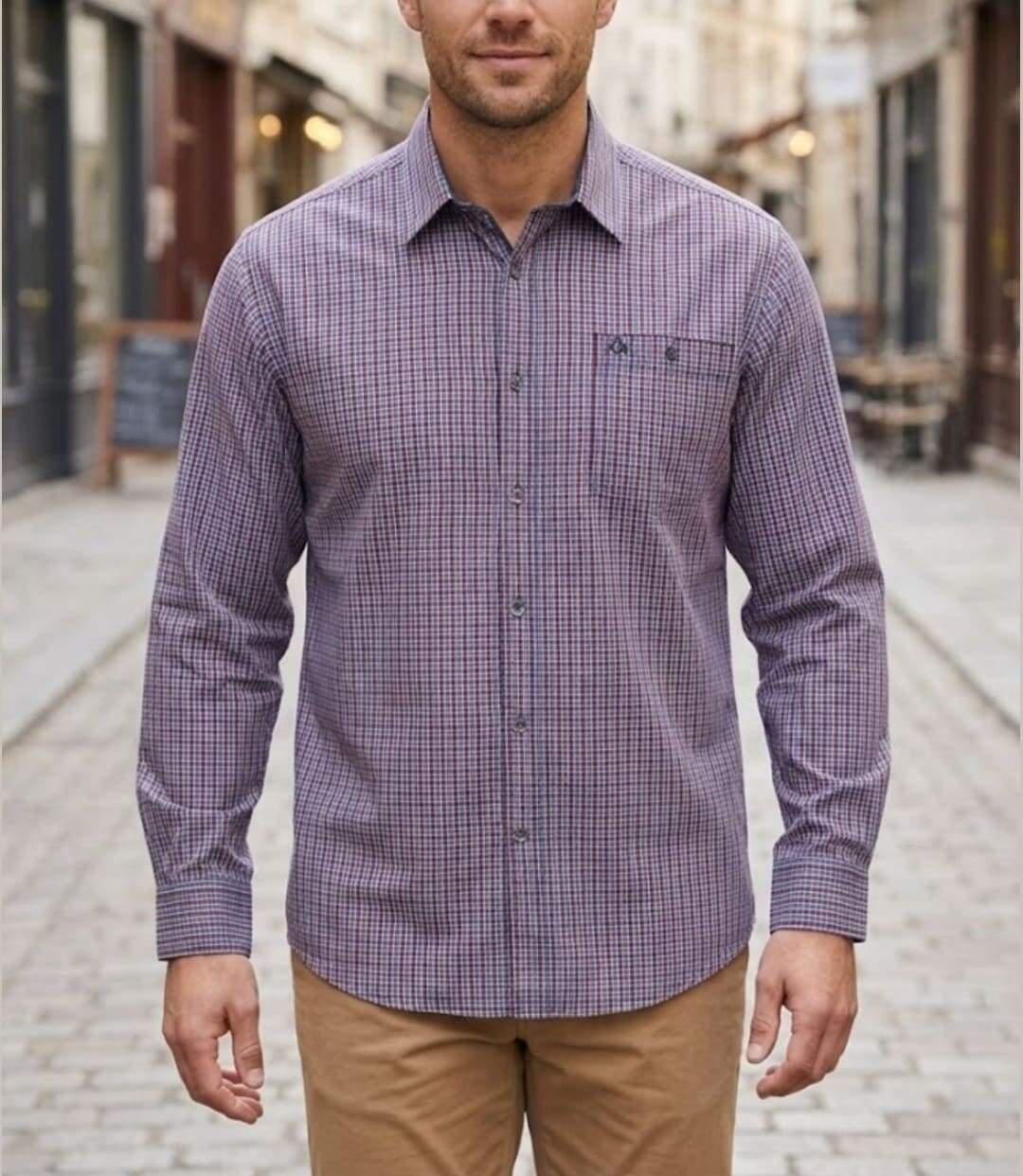 CHALLENGER TORY1 — Chemise à carreaux manches longues rouge et bleu : confort léger en popeline de coton-1