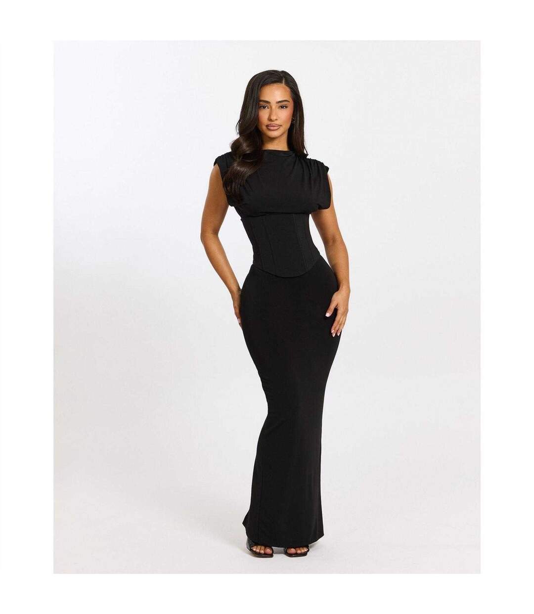 Robe Longue Femme Sandra Col Montant Détails Corset Et Mancherons Noir Mars The Label-1