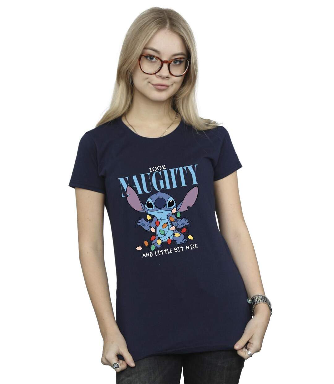 Disney T-shirt en coton Femmes/Ladies Lilo & Stitch Naughty & Nice (Bleu marine) - UTBI26102-2