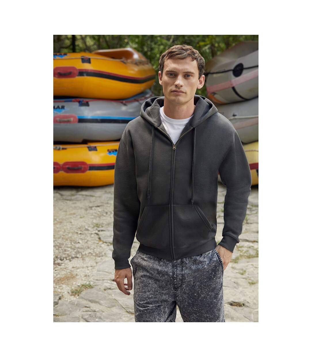 Sweatshirt À Capuche Et Fermeture Zippée Homme Gris Foncé Fruit Of The Loom-1