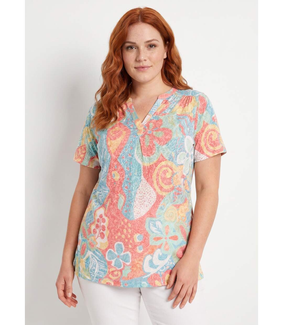 T-shirt long ample fleuri manches courtes-1