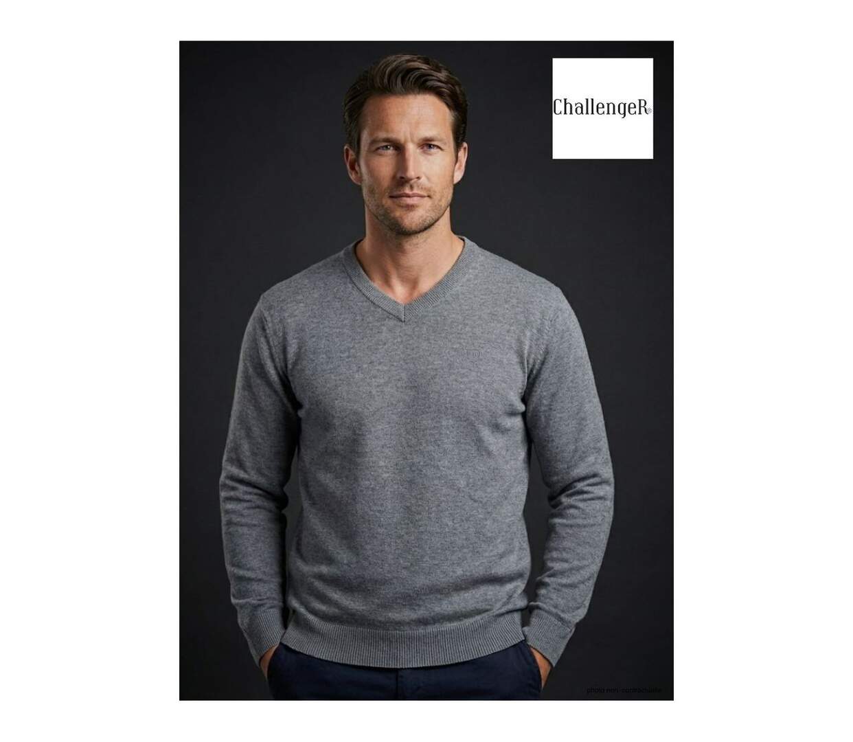 Pull Col V Homme PALAIS3 Gris avec Finitions Chambray-1