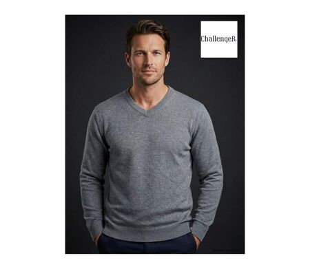 Pull Col V Homme PALAIS3 Gris avec Finitions Chambray