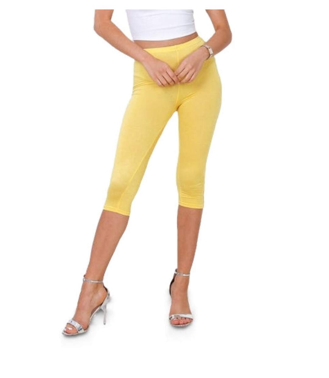 Legging femme - Legging court avec strass et dentelle sur les cotés - Jaune-1