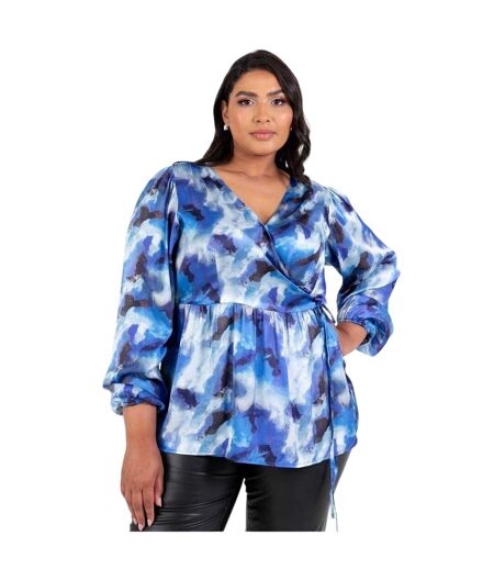 Womens/ladies Satin Long-sleeved Wrap Top Blue Lovedrobe