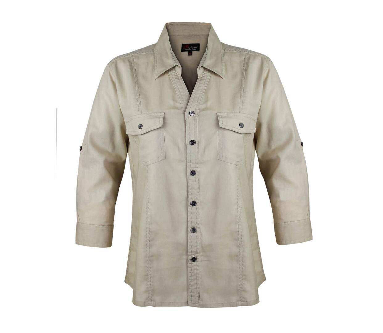 Chemisier Femme Beige Lin et Coton Manches Retroussables-5