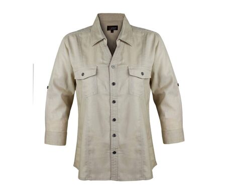 Chemisier Femme Beige Lin et Coton Manches Retroussables