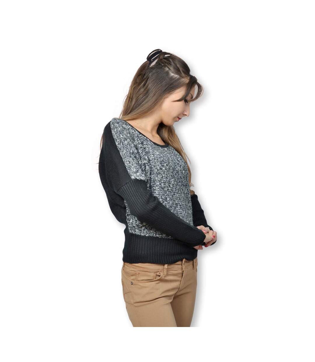 Pull femme manches chale de couleur:noir col rond-3