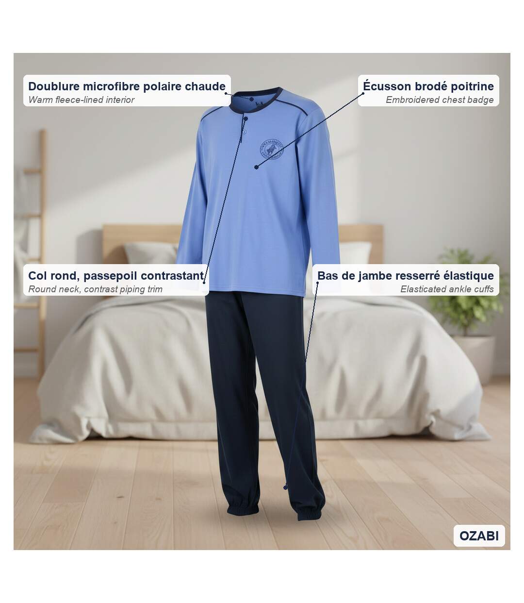 OZABI Pyjama Homme Doublé Polaire Écusson Brodé-5