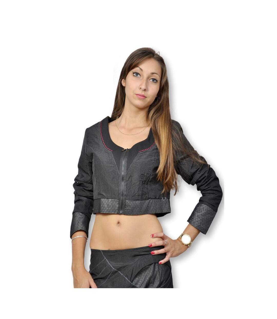 Veste femme manches longues courtes fermeture devant col rond-1