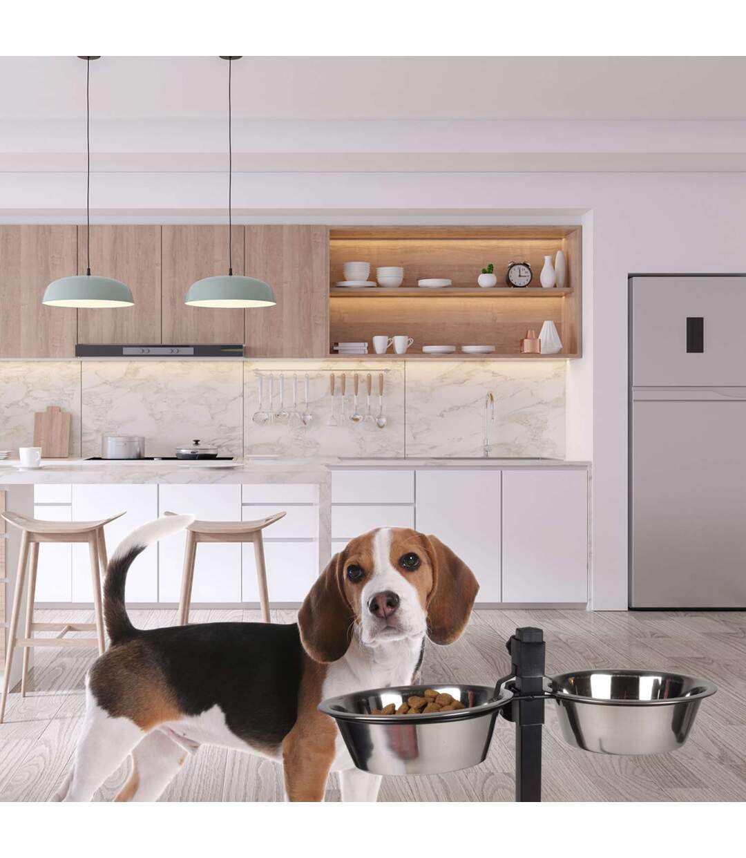 Bar à chien porte-gamelles avec 2 bols inox-2