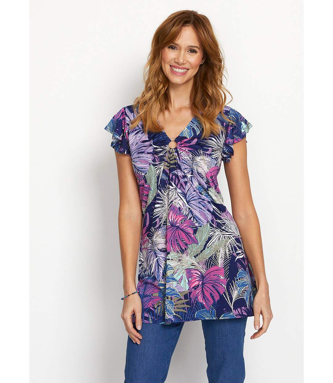 T-shirt long col V effet drapé-1
