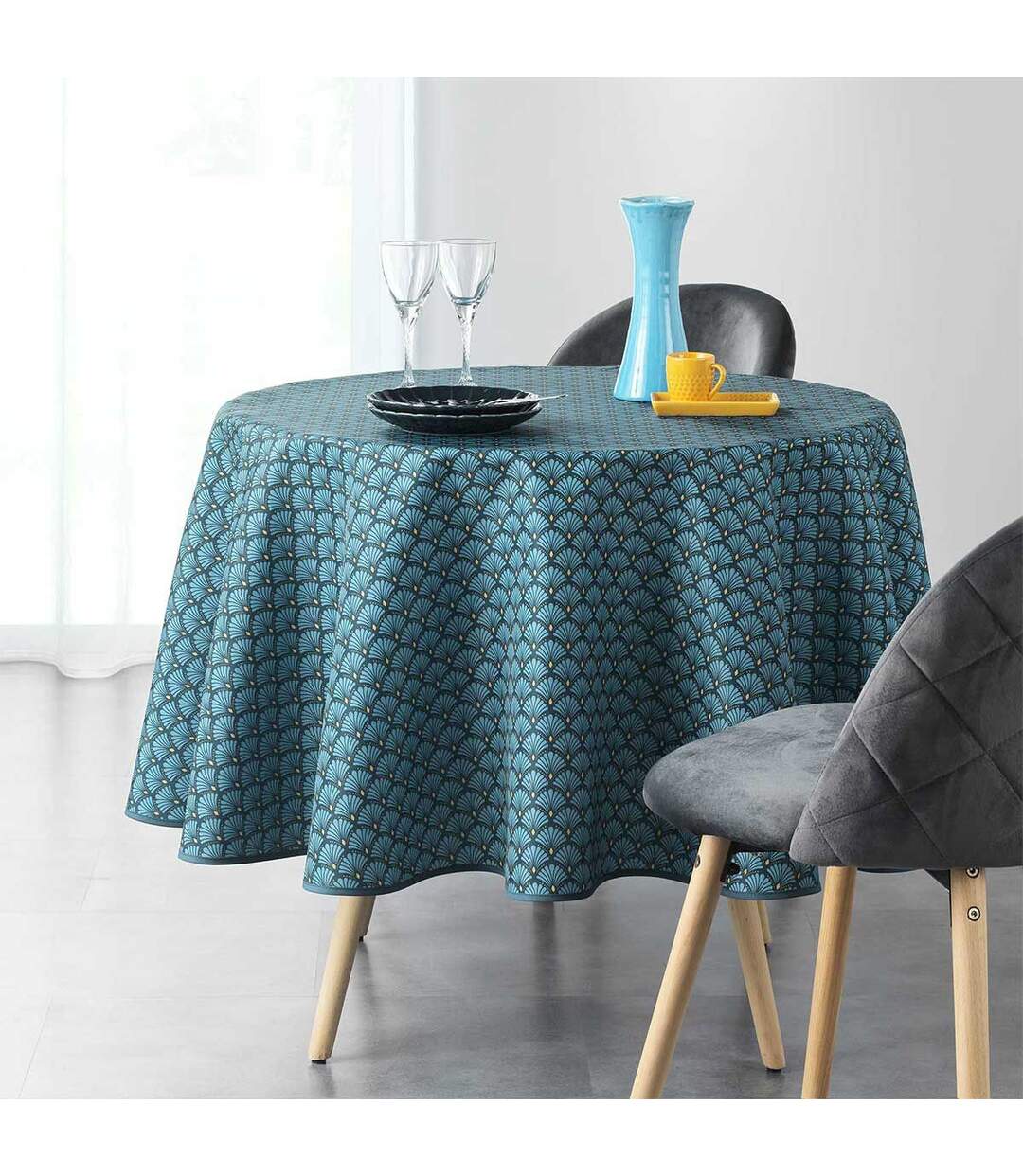 Nappe Ronde Imprimée Art Chic 180cm Bleu-2