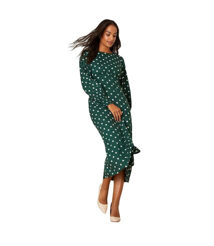 Womens/ladies spotted shirred cuff long-sleeved midi dress green Dorothy Perkins