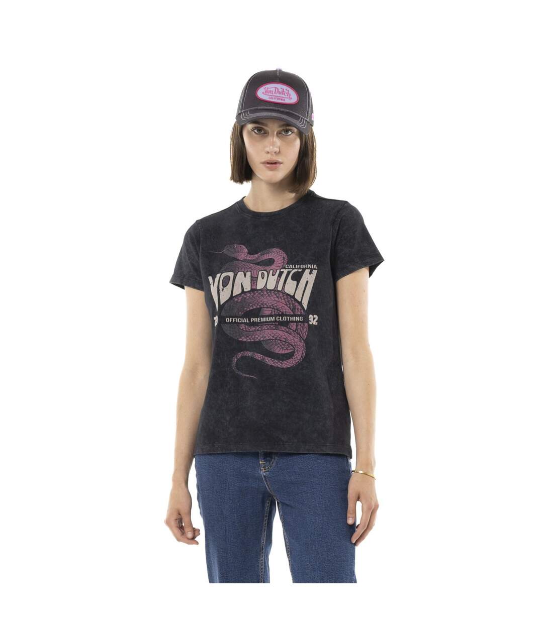 Tee shirt uni délavé avec col rond et print Vipere Vondutch-1