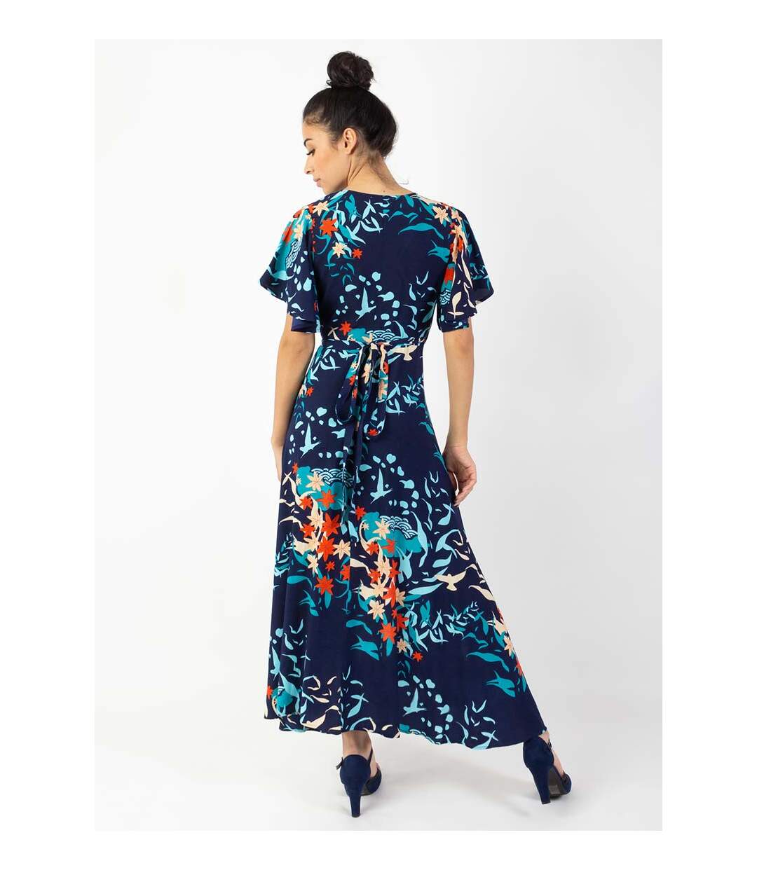 Robe longue SAKURA bohème imprimé japonisant bleu Coton Du Monde