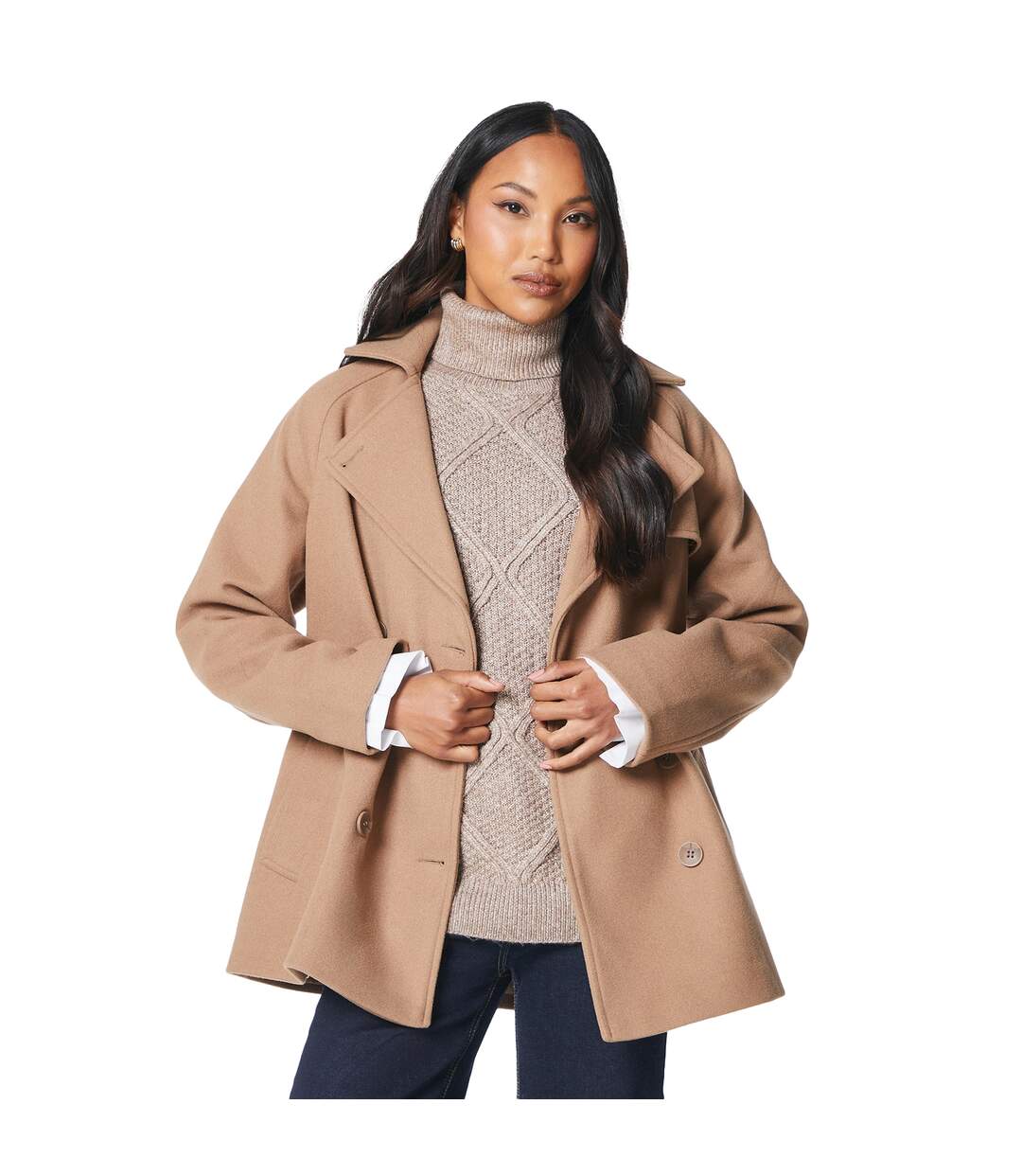 Womens/ladies wool double-breasted short trench coat neutral Principles-1