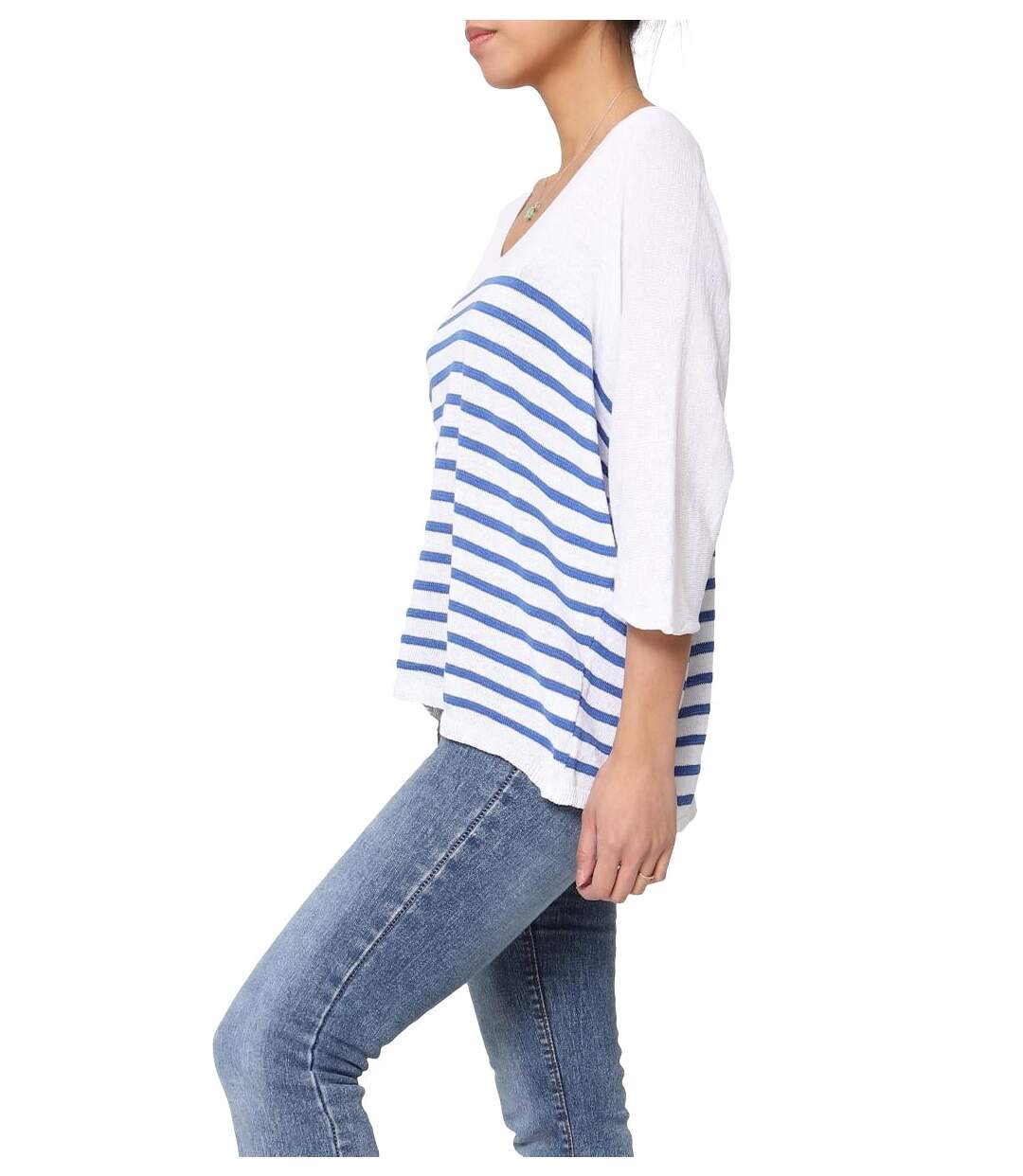 Pull femme rayé - Pull col en V - Manches 3/4 - Couleur blanc