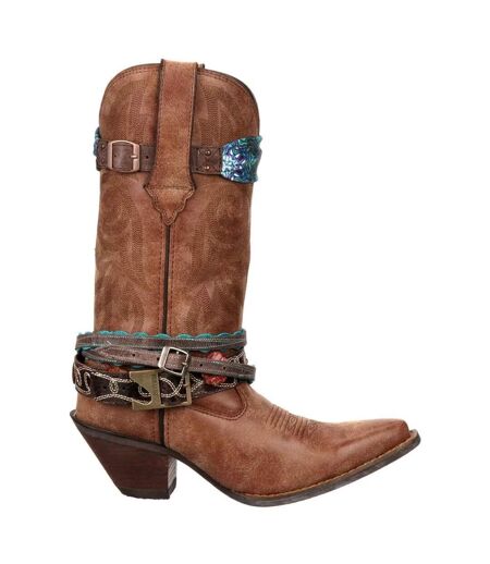 Womens/ladies Crush Leather Strap Mid Calf Cowboy Boots Brown Durango