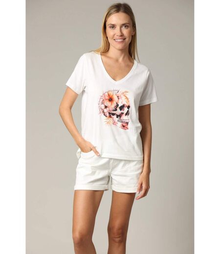 T-shirt femme exotique à manches courtes et au col V à 100% coton TROPISKULL